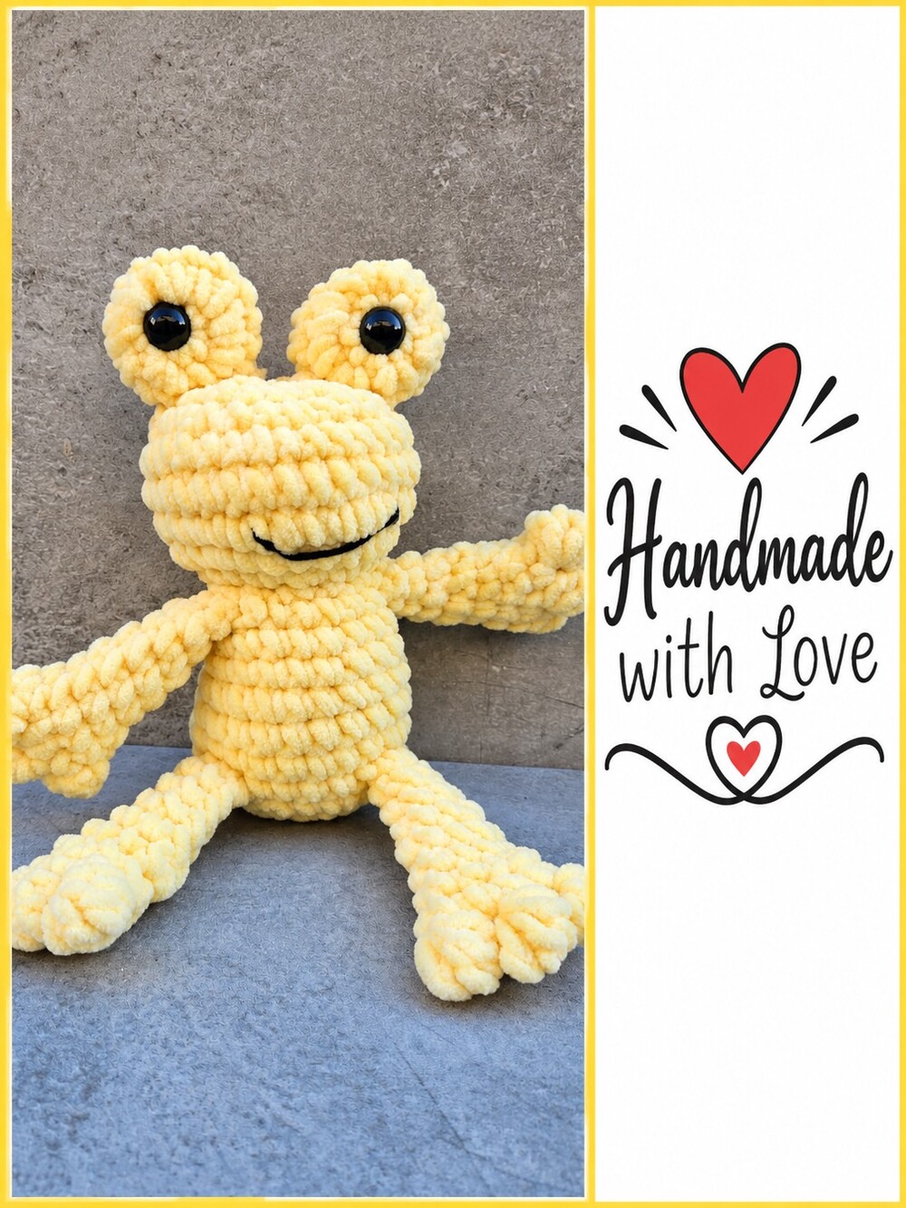 NEW Handmade Crochet Frog Stuffie Yellow 9"